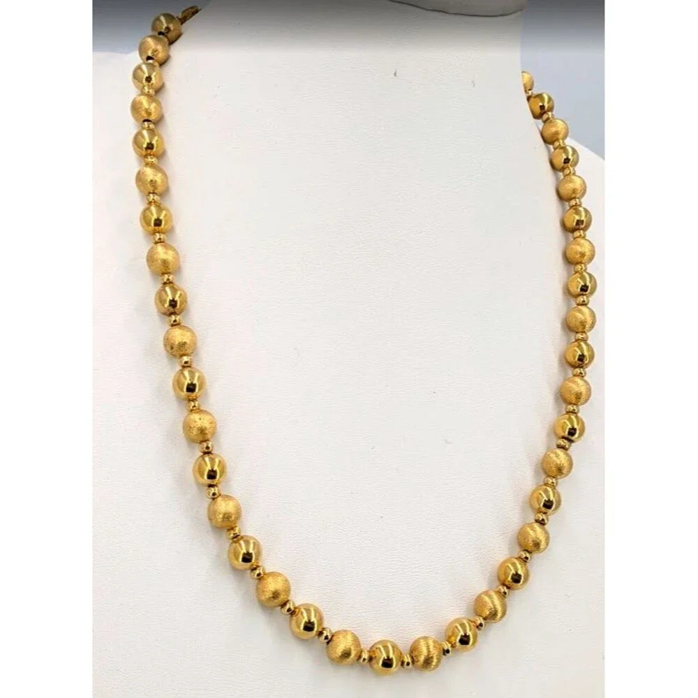 Napier Vintage Gold Tone Bead Necklace Brushed Shiny Round Signed 24 Inch Long